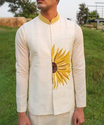 White Printed chanderi Nehru Jacket set 2