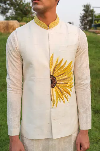 White Printed chanderi Nehru Jacket set