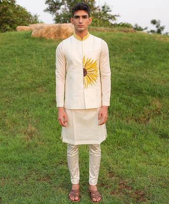 White Printed chanderi Nehru Jacket set 3