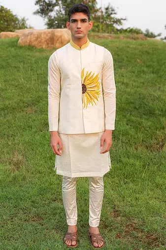 White Printed chanderi Nehru Jacket set