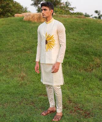 White Printed chanderi Nehru Jacket set 4