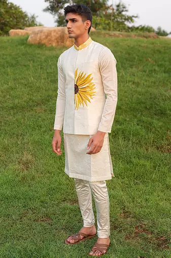 White Printed chanderi Nehru Jacket set