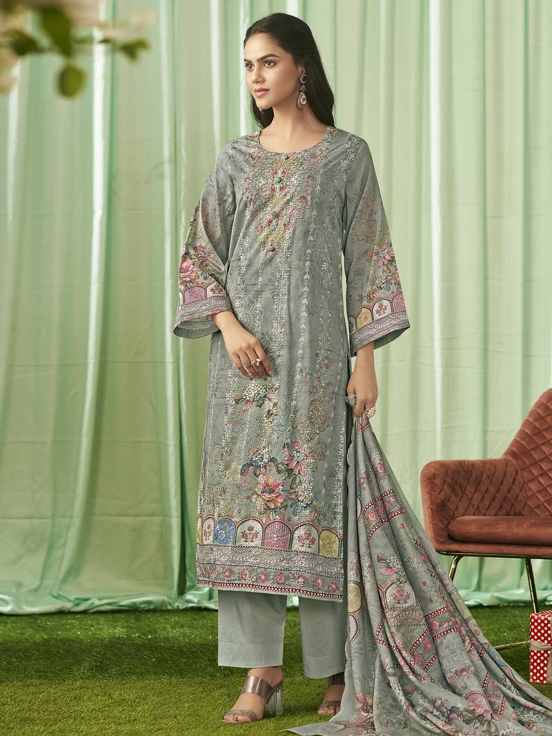 Stylee lifestyle olive lawn cotton embroidered dress material