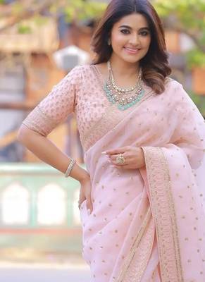 pink organza silk blend embroidered saree 1