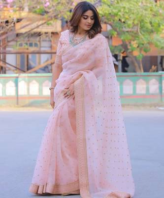 pink organza silk blend embroidered saree 2