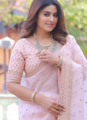 pink organza silk blend embroidered saree 3