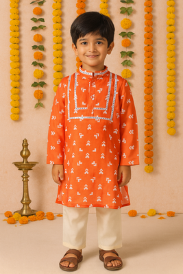 Navratri orange crepe kurta set for boys 1