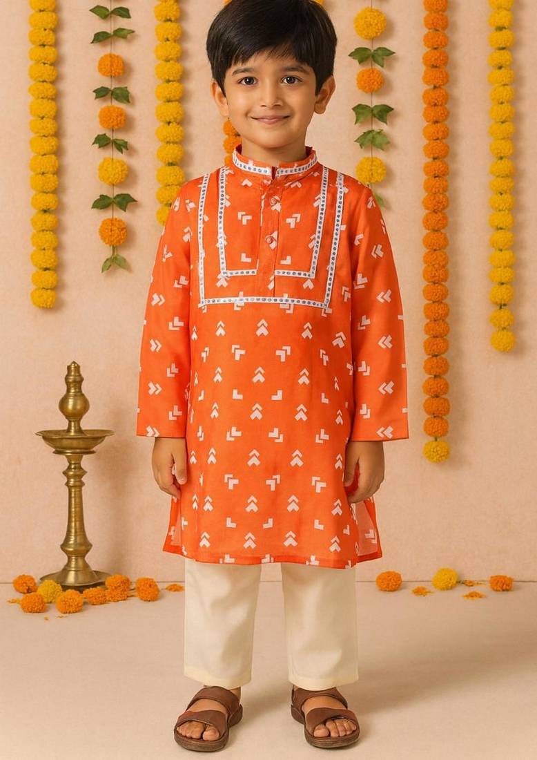 Navratri orange crepe kurta set for boys