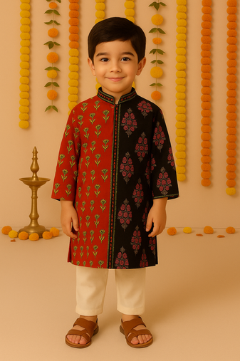 Navratri red & black cotton kurta set for boys