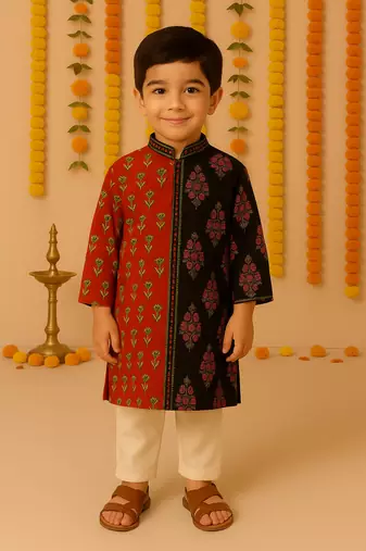 Navratri red & black cotton kurta set for boys