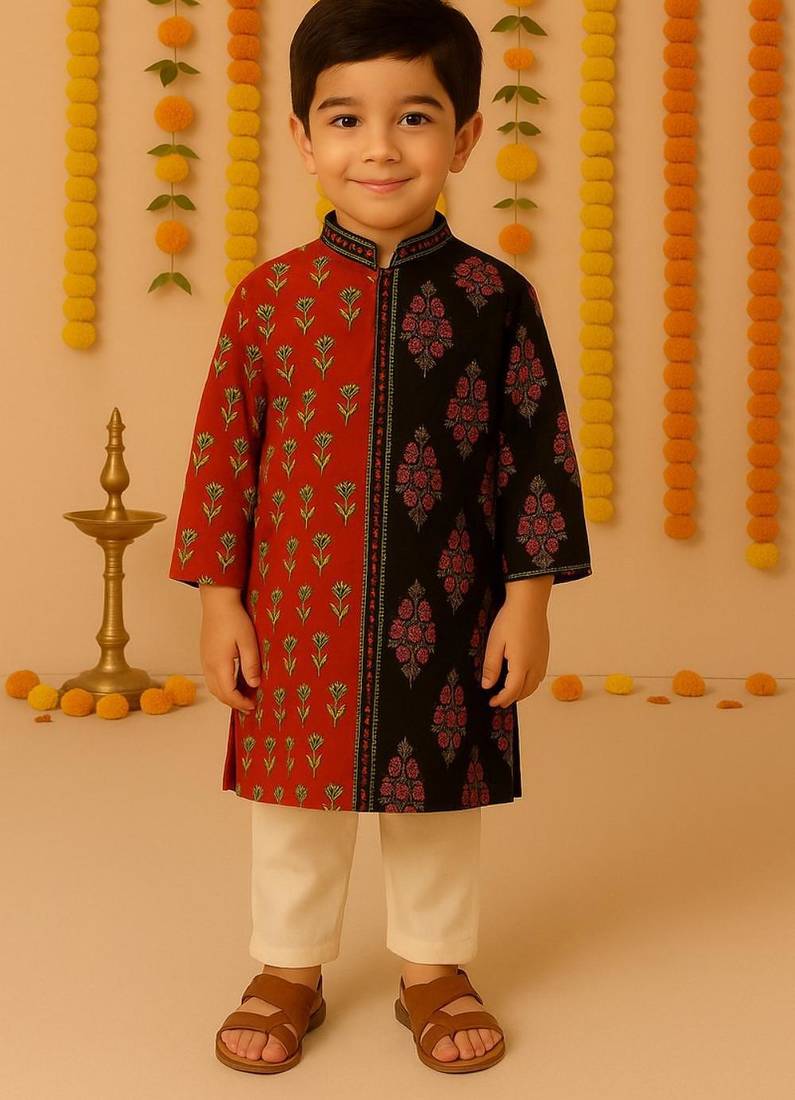 Navratri red & black cotton kurta set for boys