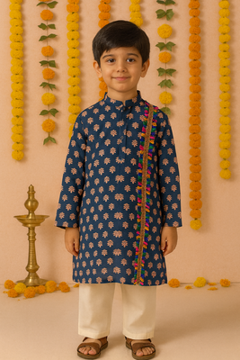 Navratri blue cotton kurta set for boys 1