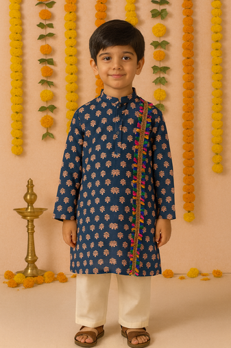 Navratri blue cotton kurta set for boys