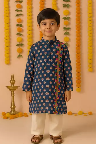 Navratri blue cotton kurta set for boys