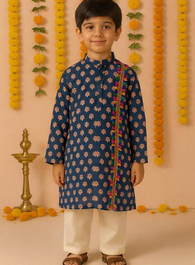Navratri blue cotton kurta set for boys