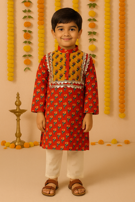 Navratri orange cotton kurta set for boys 1