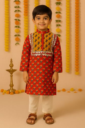 Navratri orange cotton kurta set for boys