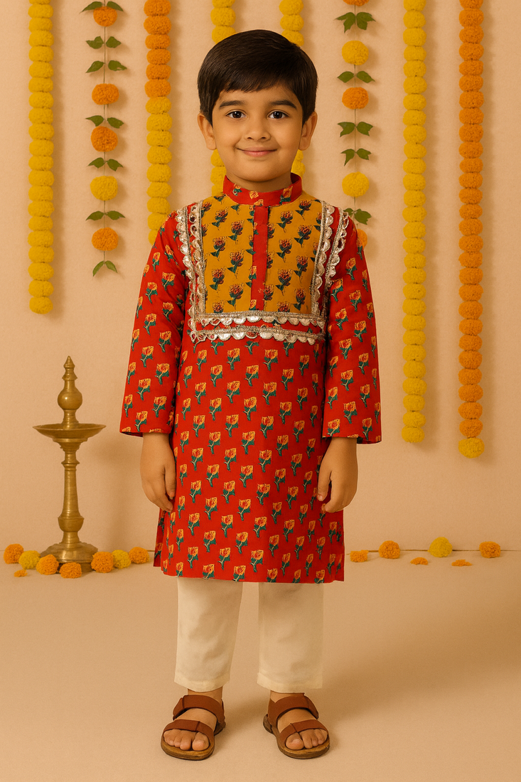Navratri orange cotton kurta set for boys