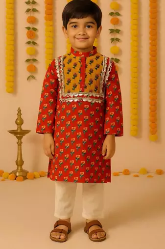 Navratri orange cotton kurta set for boys