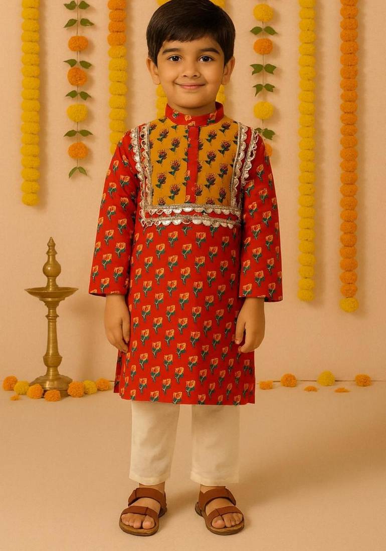 Navratri orange cotton kurta set for boys