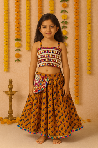 mustard cotton navratri kids chaniya choli with shells
