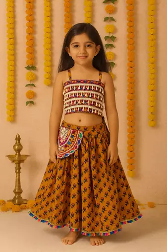 Navratri mustard cotton lehenga set for girls