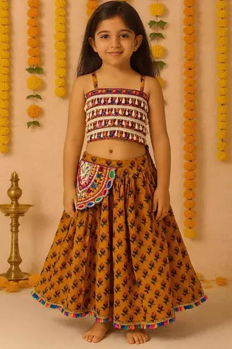 Navratri mustard cotton lehenga set for girls