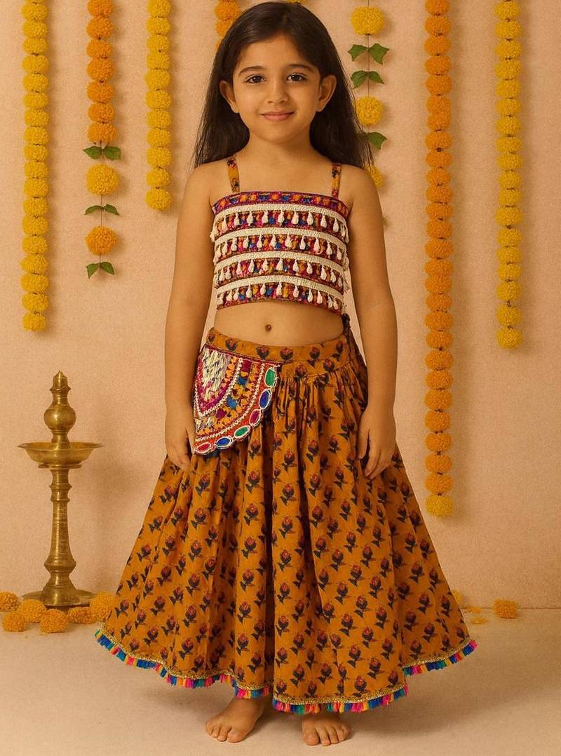 Navratri mustard cotton lehenga set for girls