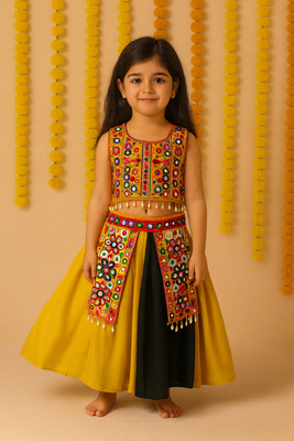 Navratri yellow rayon garba ghagra choli with belt or girls 1