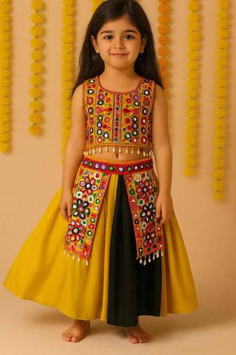 Navratri yellow rayon lehenga set for girls