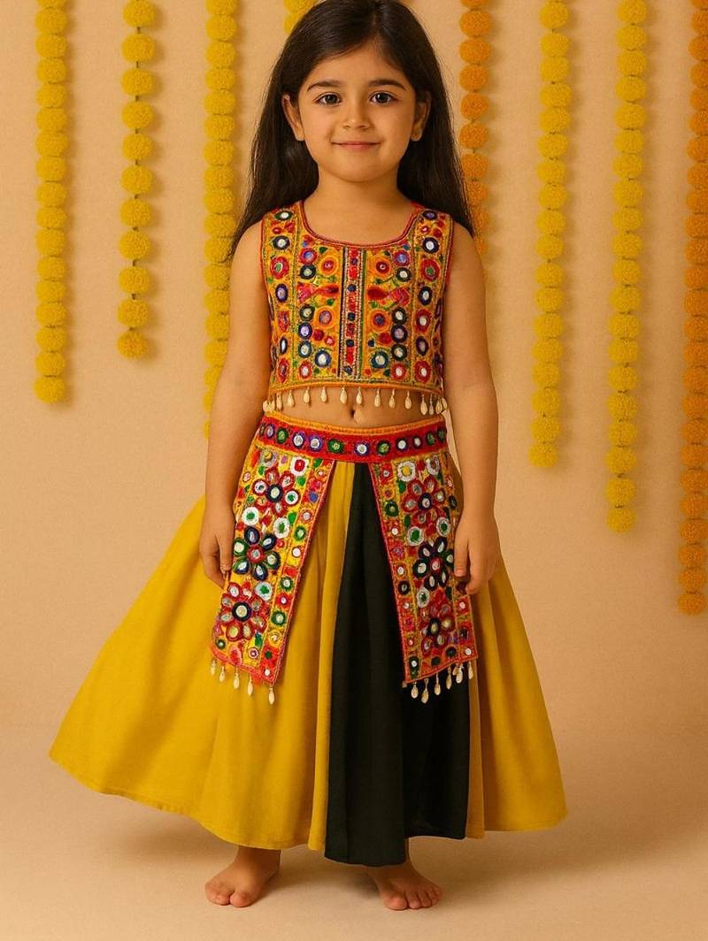 Navratri yellow rayon lehenga set for girls