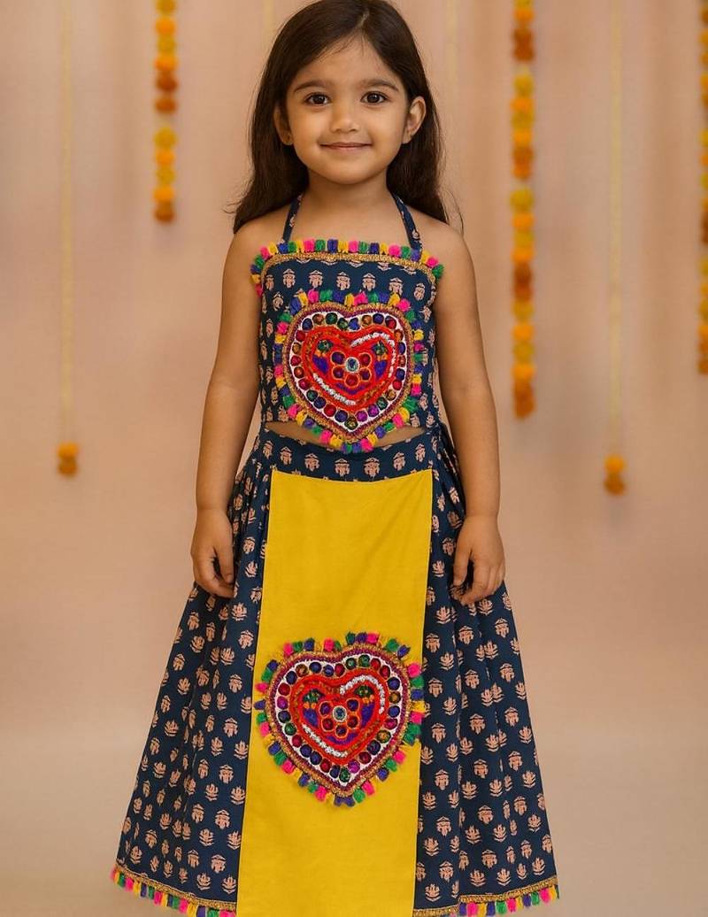 Navratri blue cotton lehenga set for girls