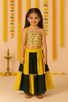 Navratri yellow green mirror work navratri ghagra choli for girls 1