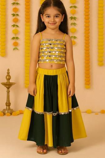 Navratri yellow rayon navratri lehenga set for girls