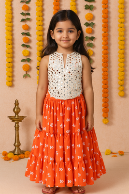 orange crepe mirror work layered ghagra choli for girls 1