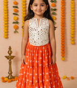 orange crepe mirror work layered ghagra choli for girls