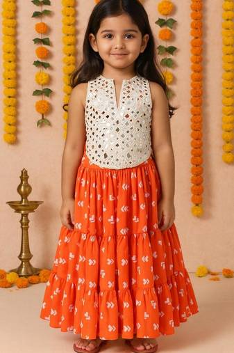 Navratri orange crepe mirror work lehenga set for girls