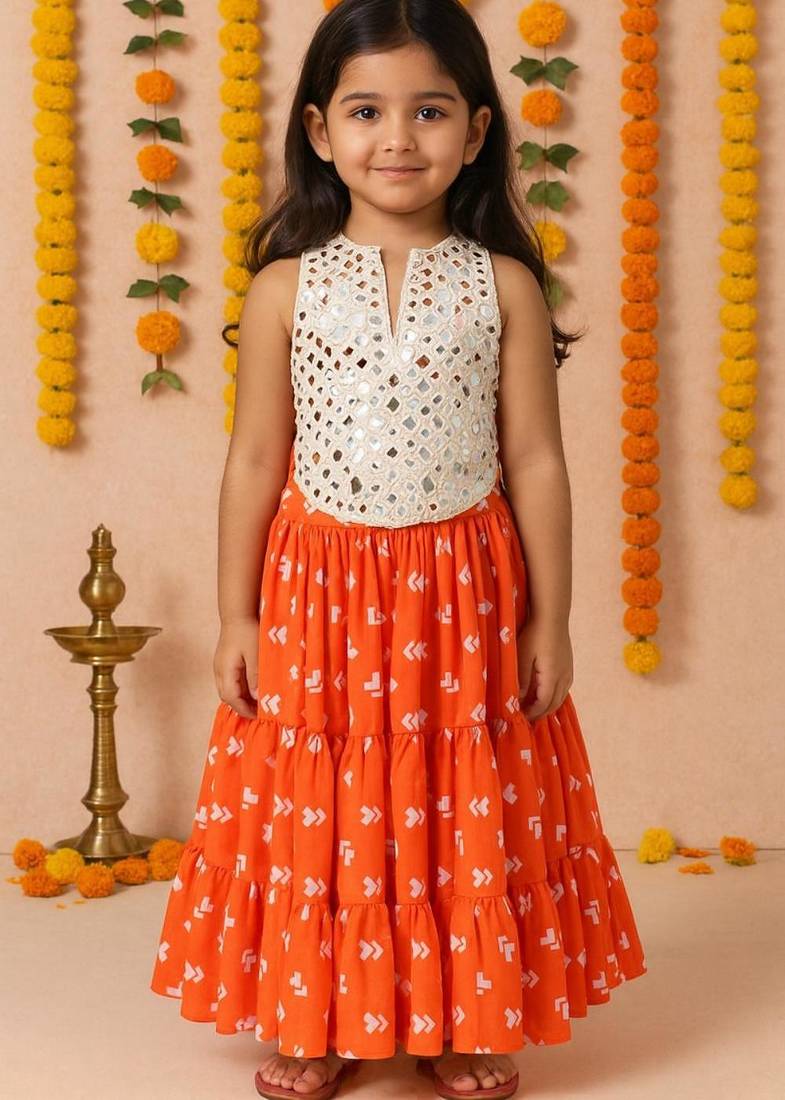 Navratri orange crepe mirror work lehenga set for girls