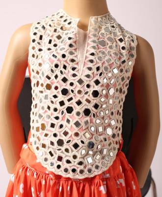 orange crepe mirror work layered ghagra choli for girls 3