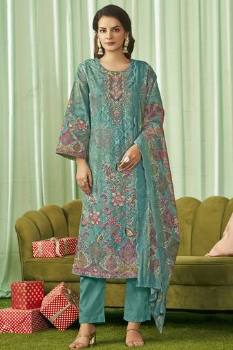 Stylee lifestyle teal lawn cotton embroidered dress material