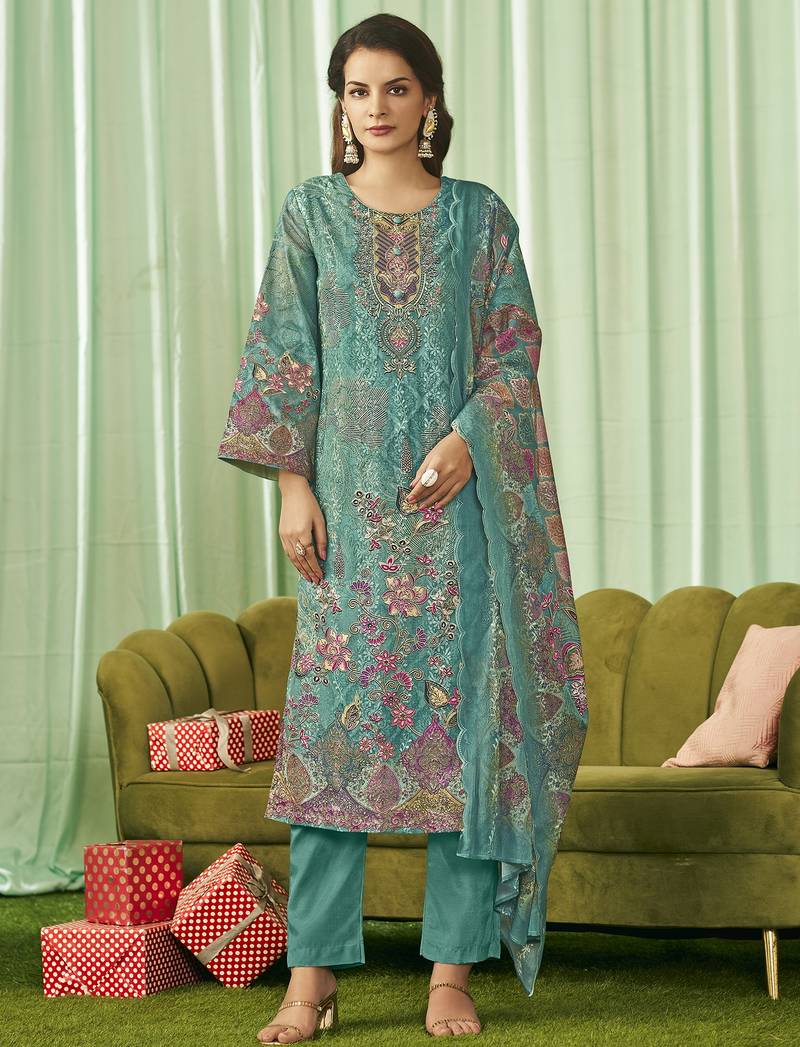 Stylee lifestyle teal lawn cotton embroidered dress material