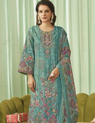 teal lawn cotton embroidered dress material 4