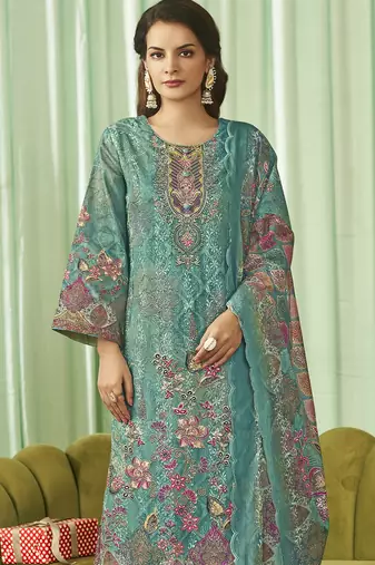 teal lawn cotton embroidered dress material