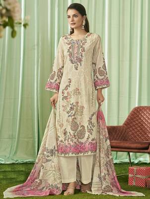 cream lawn cotton embroidered dress material 1