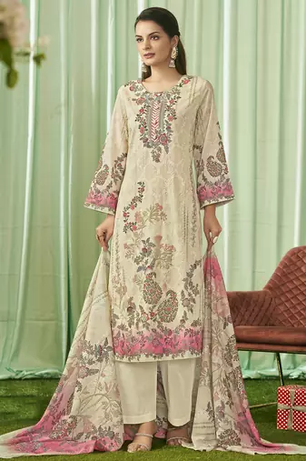 Stylee lifestyle cream lawn cotton embroidered dress material