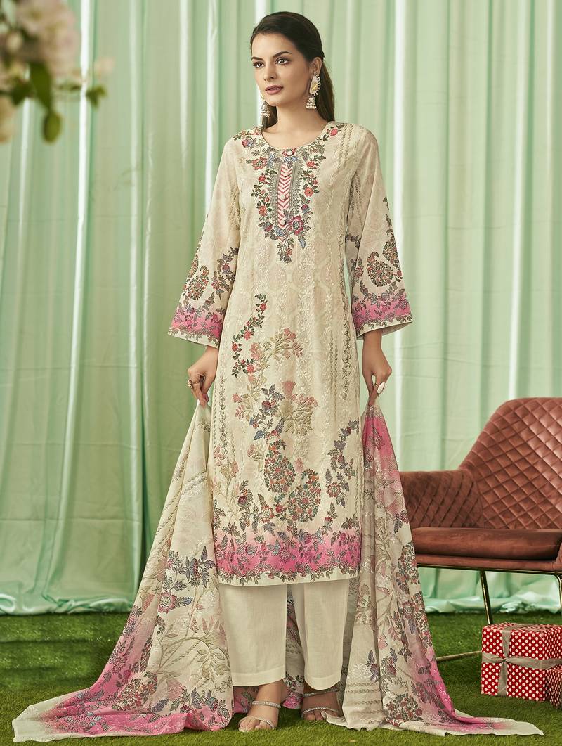 Stylee lifestyle cream lawn cotton embroidered dress material