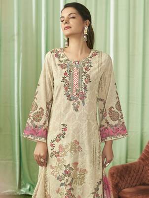 cream lawn cotton embroidered dress material 2