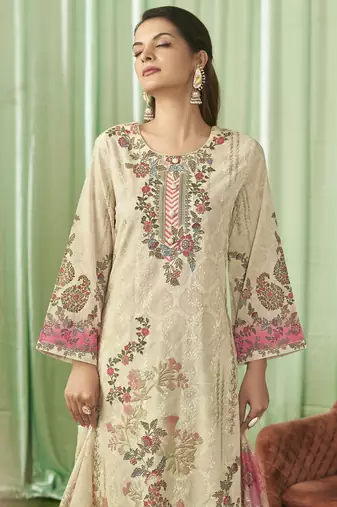 cream lawn cotton embroidered dress material