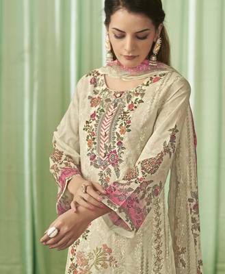 cream lawn cotton embroidered dress material 4