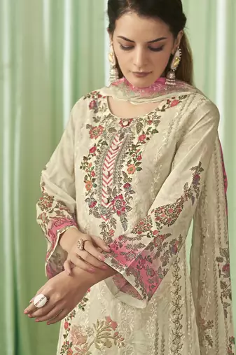 cream lawn cotton embroidered dress material